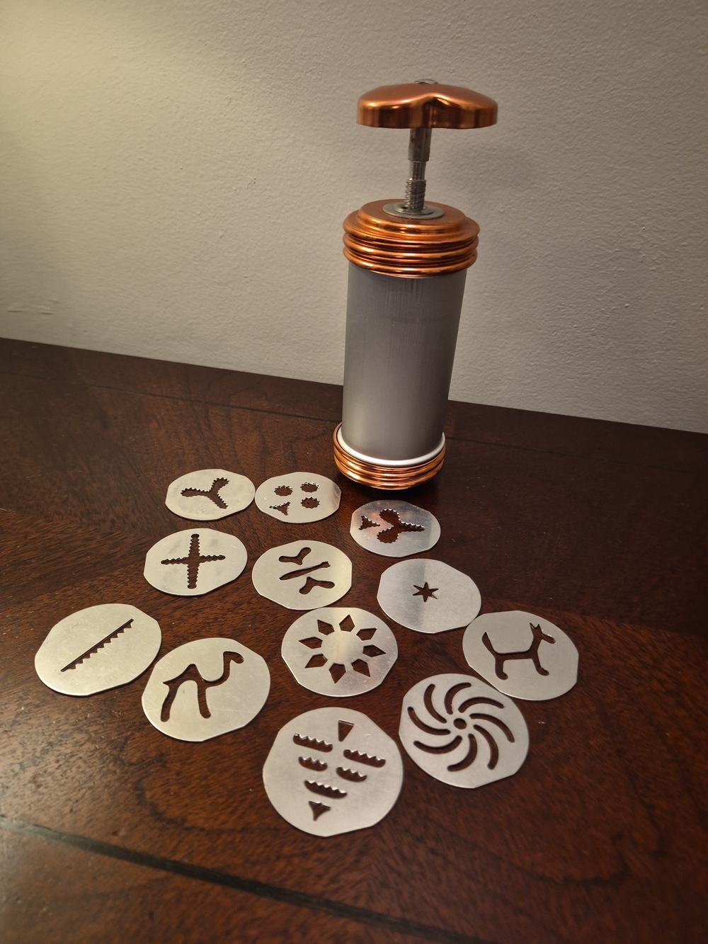 Source Unknown Copper and Silver Cookie Press with 12 Decorative Discs & 3 Decor